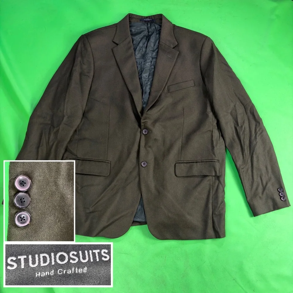 StudioSuits Naples Pure Wool Fine Tweed Blazer Mens 46R Olive Green Hand Crafted